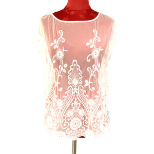 Forever 21 Pink Sheer Lace Top Sleeveless Popover Blouse Sz S Romantic Feminine